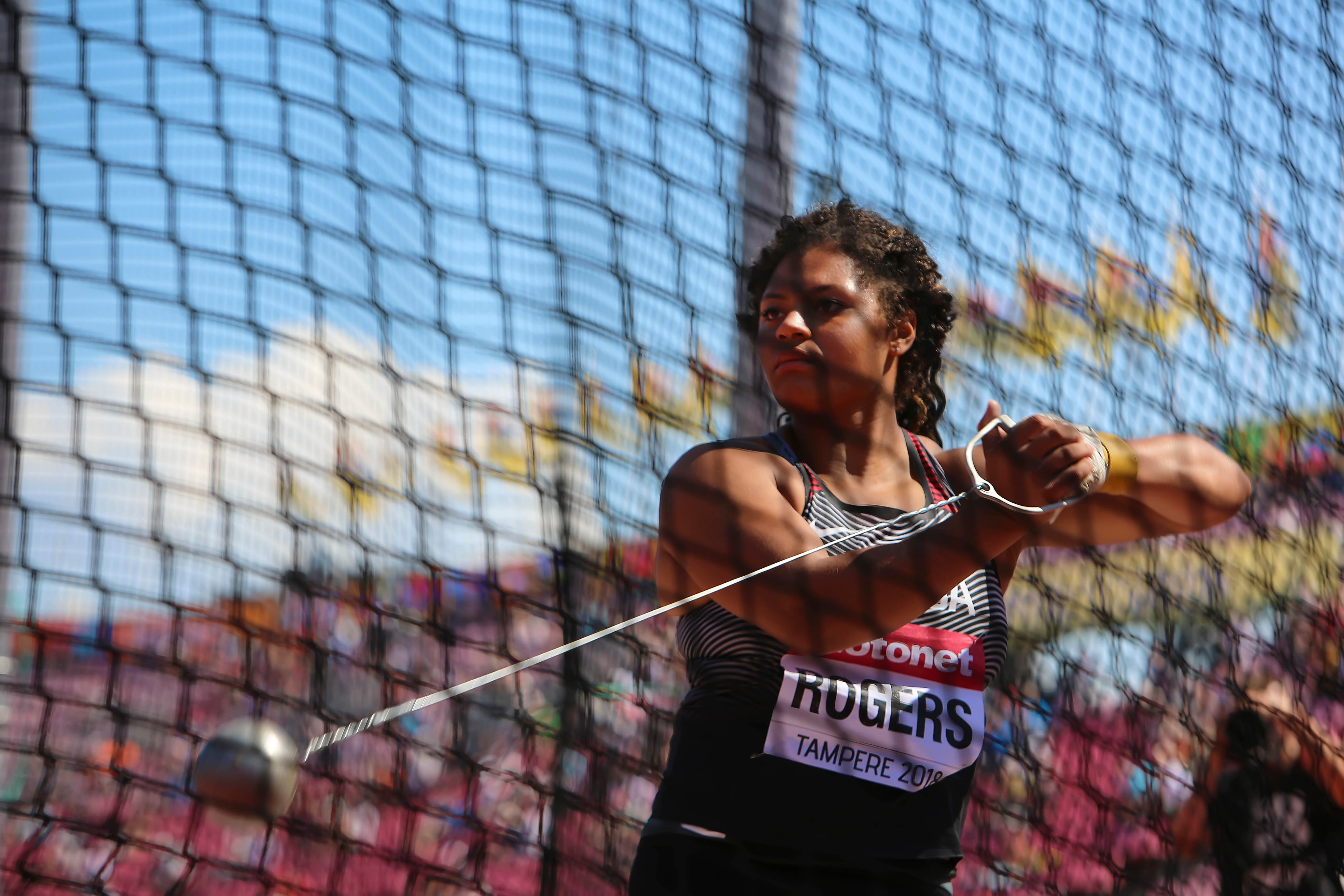 Canadian gold medal hammerthrow champion Camryn Rogers throwing the hammer at a competition